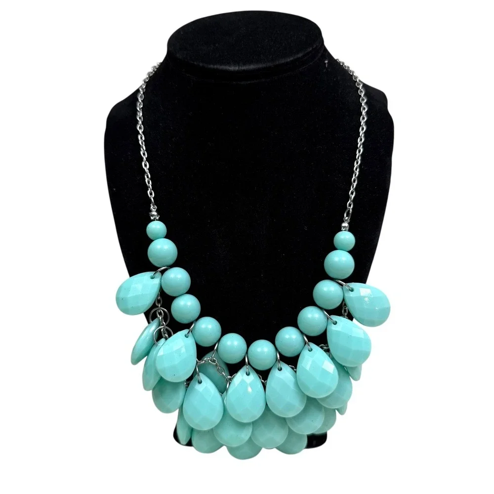 Statement Necklace Turquoise Beaded Bib Chunky Silver Tone Chain Jewelry 20 in